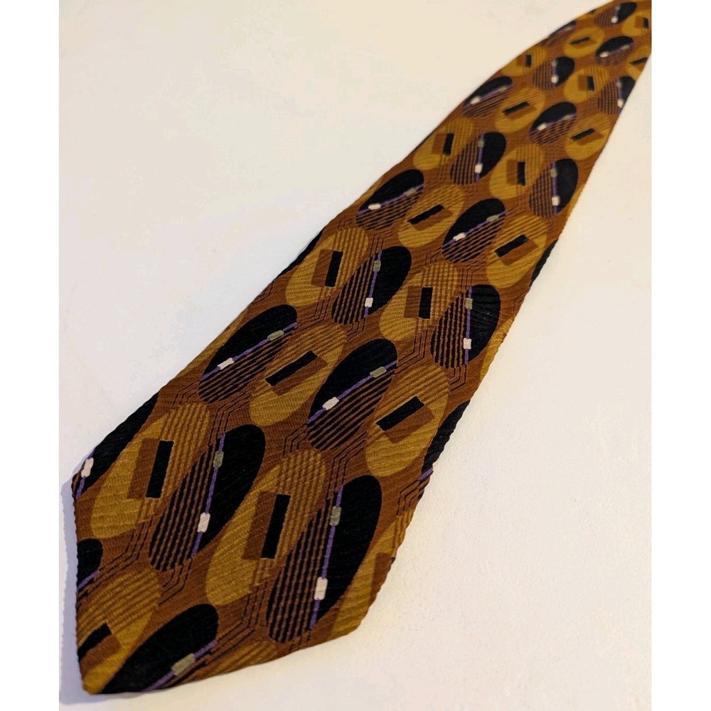 Bugatti Silk Necktie Mens OS Gold Brown Black Geometric Abstract Italy Excellent